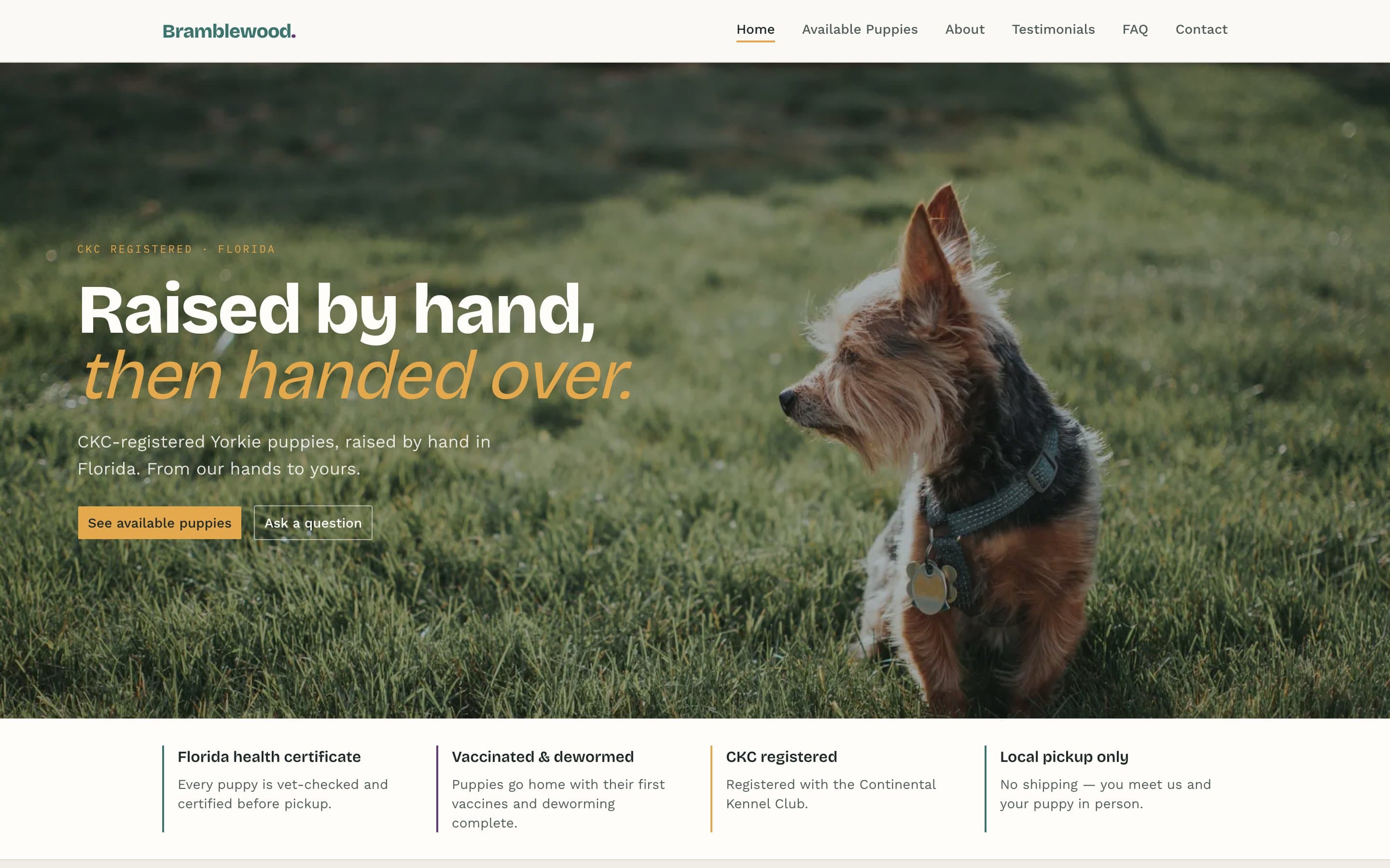 Captura de pantalla del sitio web de Bramblewood Yorkies