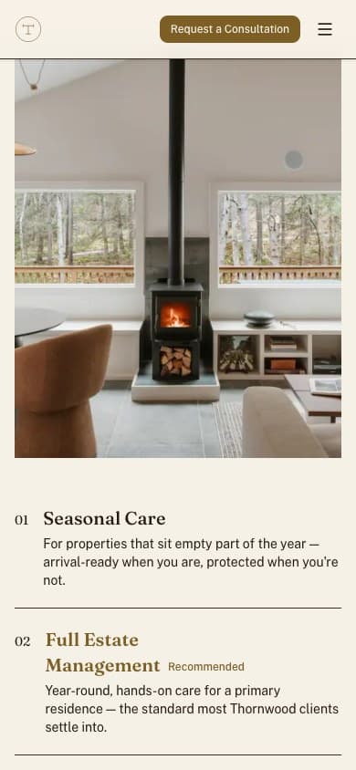 Detail view of the Thornwood Estate Services website